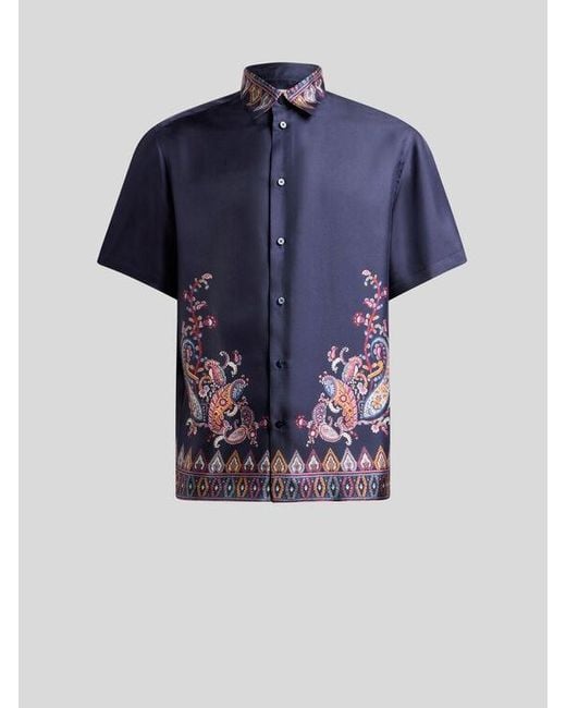 Etro Blue Short-Sleeved Silk Shirt With Placed Print for men