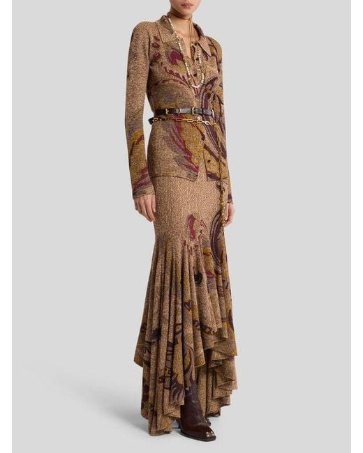 Etro Brown Langer Rock Aus Wolle Im Rippstrick Mit Blumenmotiv, Damen, Größe