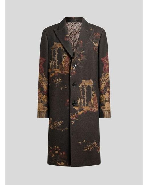 Etro Black Wool-Blend Coat With Placed Flower And Animal Print for men