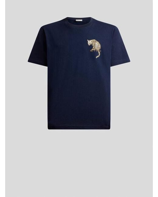 Etro Blue Cotton T-Shirt With Leopard Print And Embroidery for men