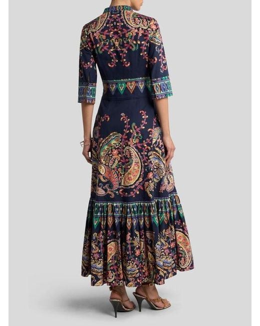 Etro Blue Long Cotton Dress With Placed Floral Paisley Print