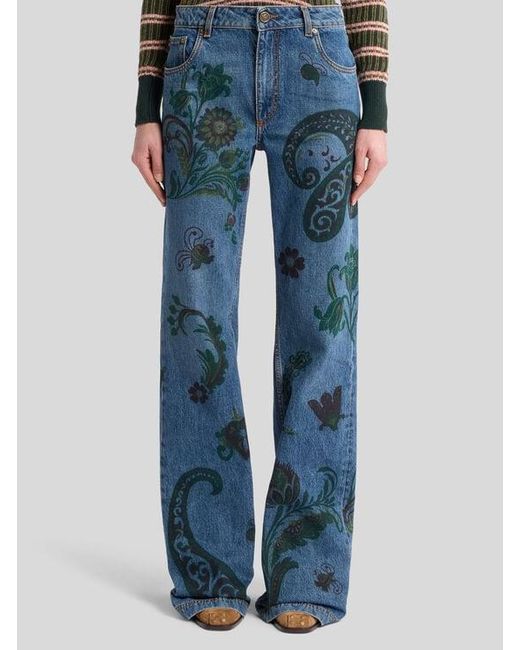 Etro Blue Flared Jeans With Flower And Bee Print