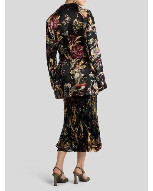 Etro Black Envers Satin Jacket With Belt And Flower And Animal Motif