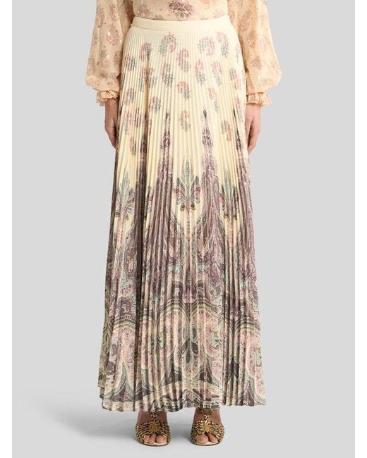 Etro Natural Pleated Maxi Skirt With Placed Print