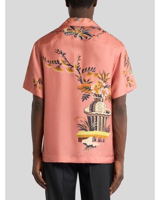 Etro Red Silk Bowling Shirt With Placed Flower And Animal Print for men