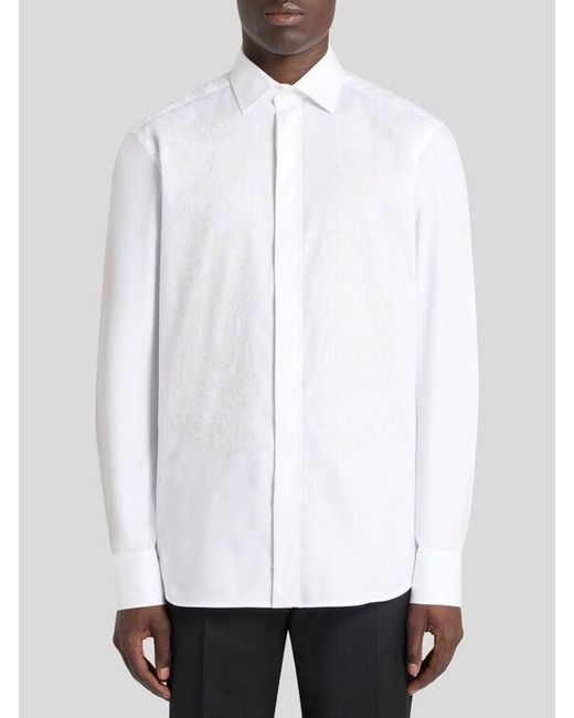 Etro White Cotton Shirt With Floral Paisley Embroidery for men