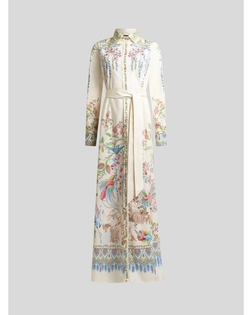 Etro White Long Cotton Shirt Dress With Placed Flora And Fauna Print