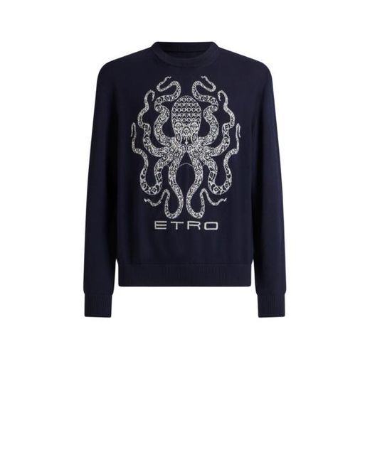 Etro Blue Wool Jumper With Octopus And Logo for men