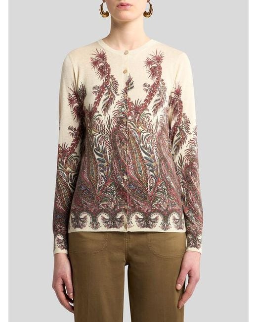 Etro White Silk And Cashmere Cardigan With Placed Print