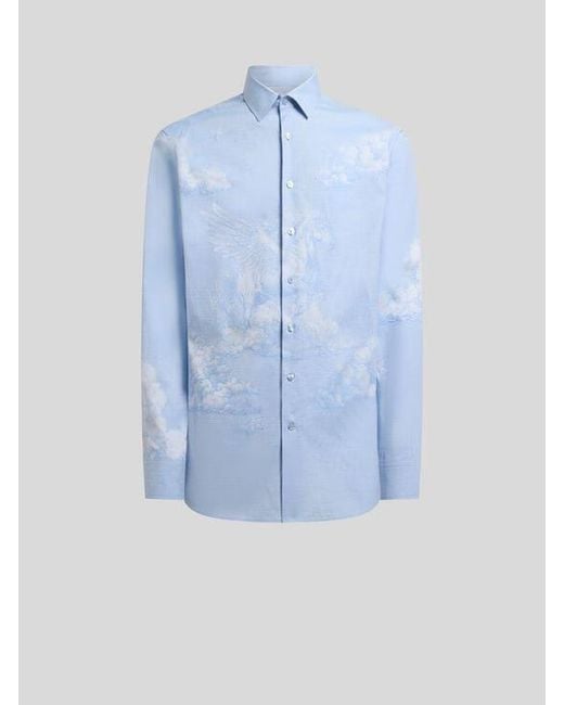 Etro Blue Cotton Shirt With Placed Pegaso Motif for men