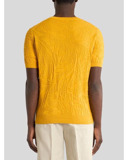 Etro Yellow Knit Cotton T-Shirt With Leafy Paisley Motif for men