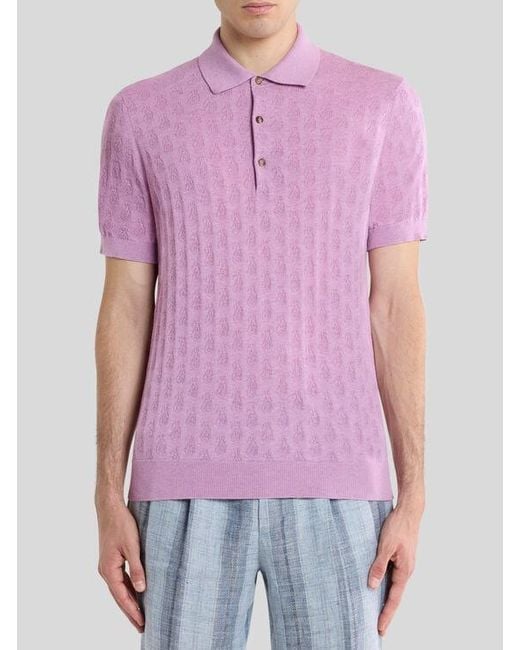 Etro Pink Knit Cotton Polo Shirt With Micro Paisley Motif for men