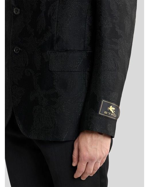 Etro Black Single-Breasted Cotton-Blend Jacquard Jacket With Floral Motif for men