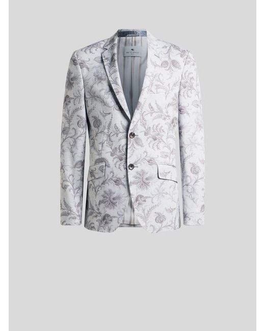 Etro White Single-Breasted Cotton-Blend Jacket With Floral Motif for men