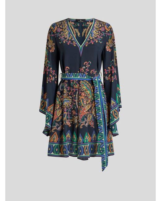 Etro Blue Silk Mini Dress With Placed Floral Paisley Print And Belt