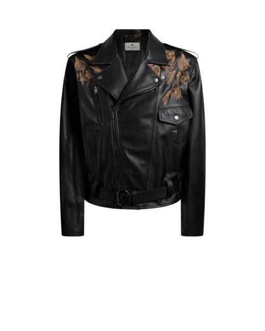 Etro Black Leather Biker Jacket With Placed Leopard Print for men
