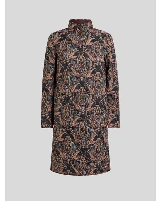 Etro Brown Quilted Coat With Floral Paisley Motif