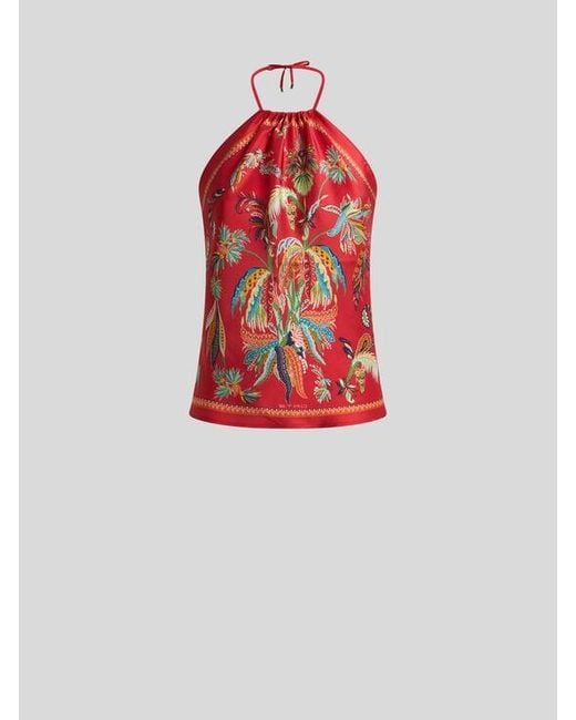 Etro Red Silk Top With Halterneck And Paisley Foliage Motif