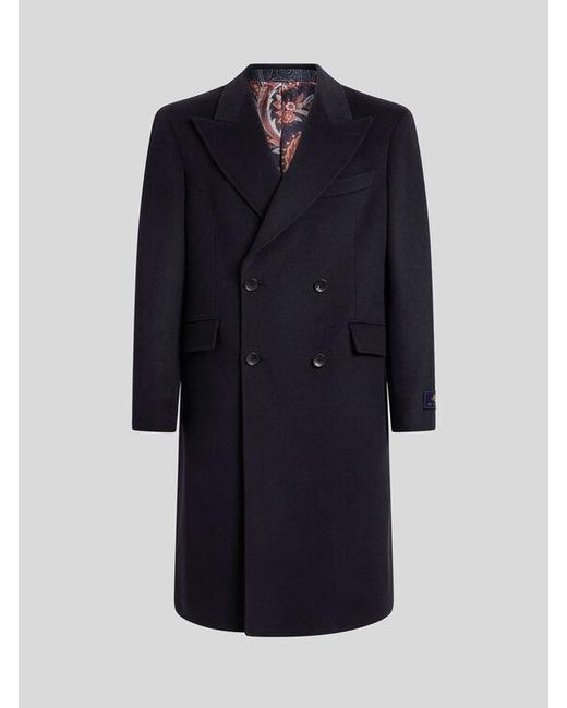 Etro Blue Double-Breasted Cashmere Coat for men