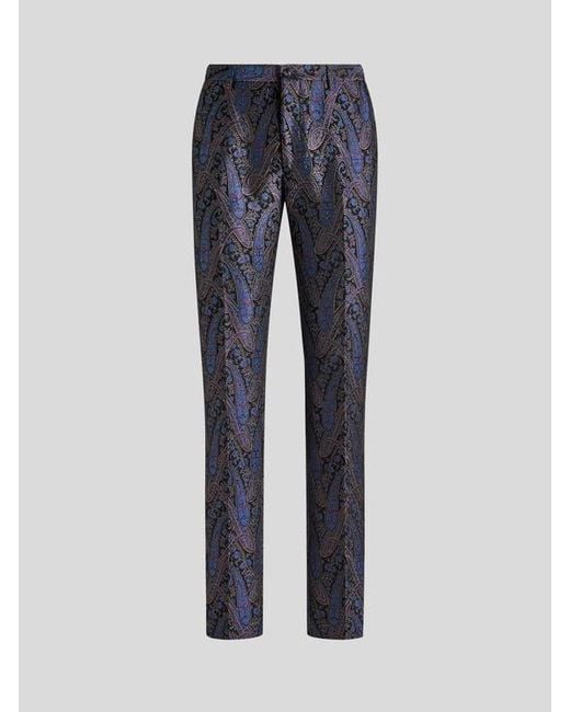 Etro Blue Chenille Jacquard Trousers With Metallic Paisley Motif for men