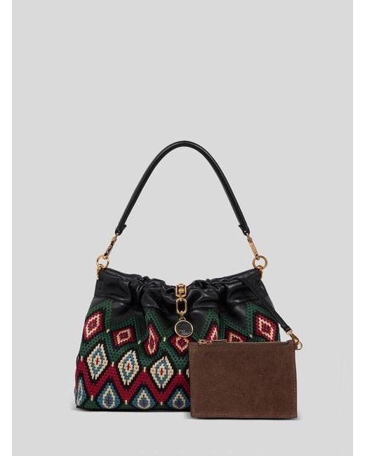 Etro White Medium Leather Vela Blossom Bag With Diamond Embroidery