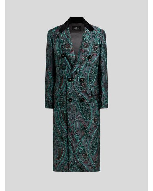 Etro Green Double-Breasted Paisley Jacquard Coat