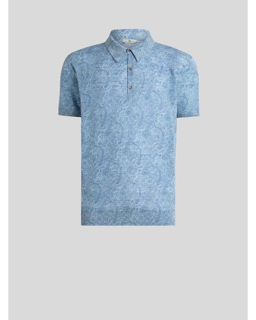 Etro Blue Linen-Blend Polo Shirt With Floral Motif for men