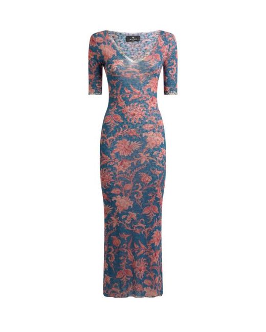 Etro Blue Stretch Tulle Midi Dress With Floral Motif