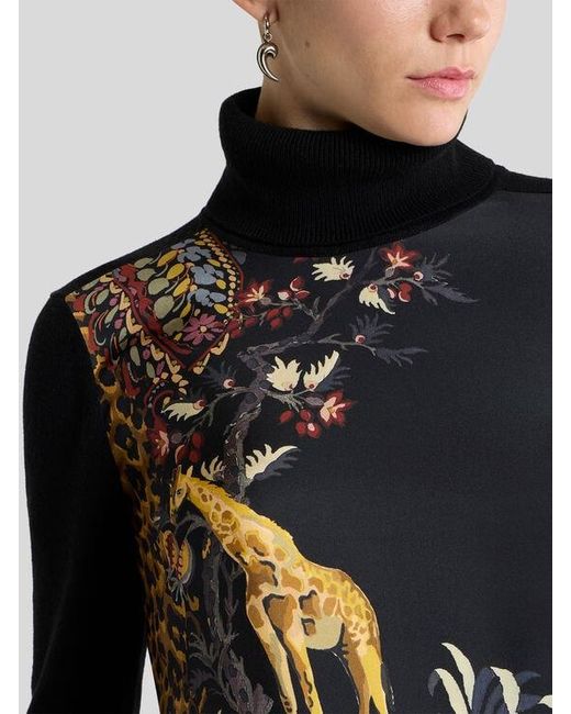 Etro Black Wool-Blend Turtleneck Sweater With Placed Animal And Paisley Print