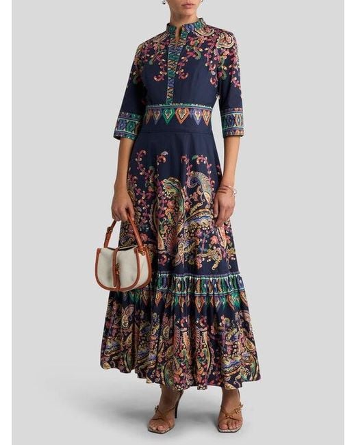Etro Blue Long Cotton Dress With Placed Floral Paisley Print