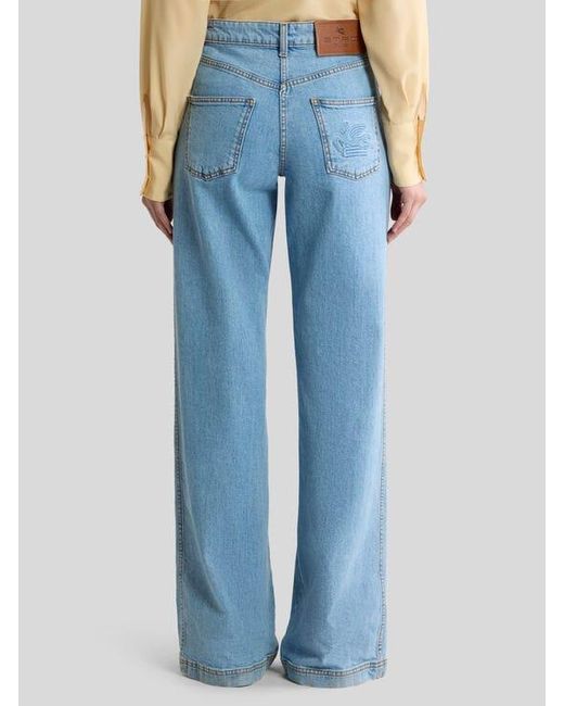 Etro Blue Flared Stretch Cotton Denim Jeans With Embroidered Logo