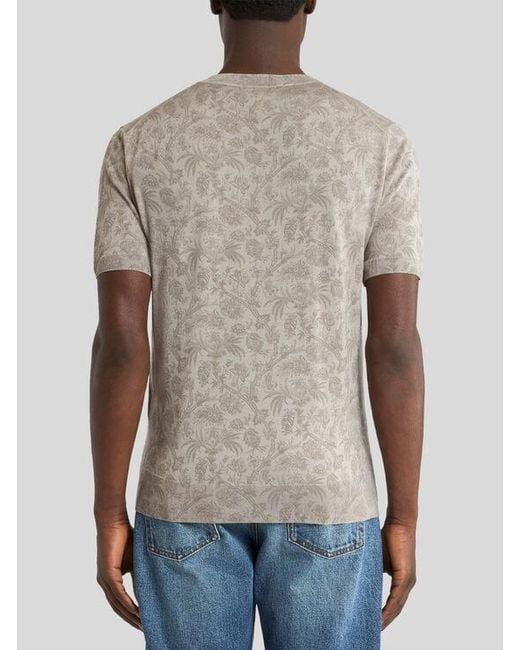 Etro Gray Knit Wool And Silk T-Shirt With Floral Paisley Motif for men