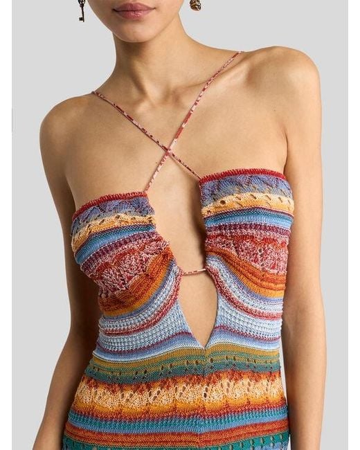 Etro White Long Knit Cotton Dress With Stripes And Openwork