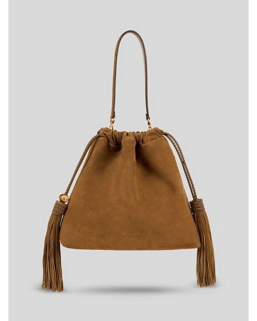 Etro Brown Medium Suede Kalispera Bag With Patch And Tassels