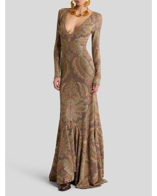 Etro Natural Long Jersey Dress With Floral Motif