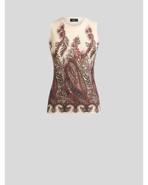 Etro Natural Top Aus Seide Und Kaschmir Mit Platziertem Print, Damen, Größe