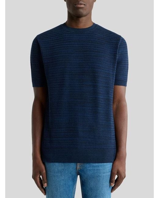 Etro Blue Knit Cotton T-Shirt With Braided Stitch for men