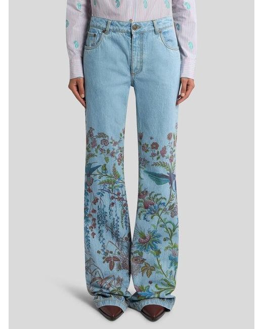 Etro Blue Flared Denim Jeans With Placed Flora And Fauna Print