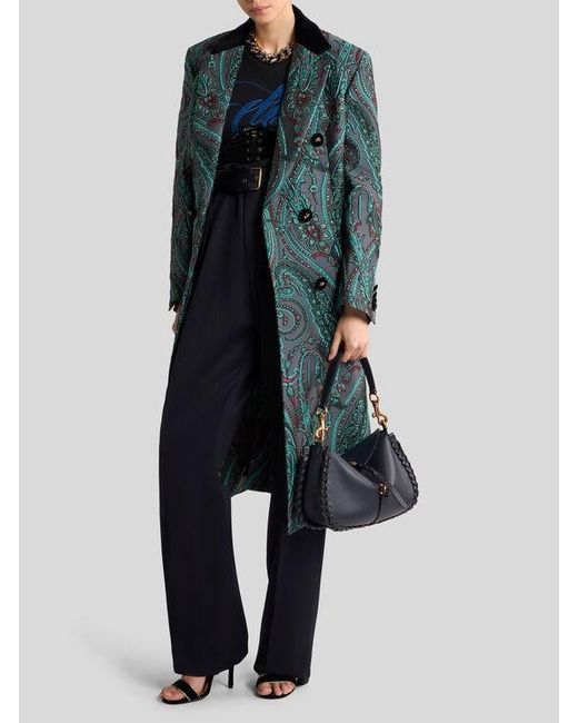 Etro Green Double-Breasted Paisley Jacquard Coat