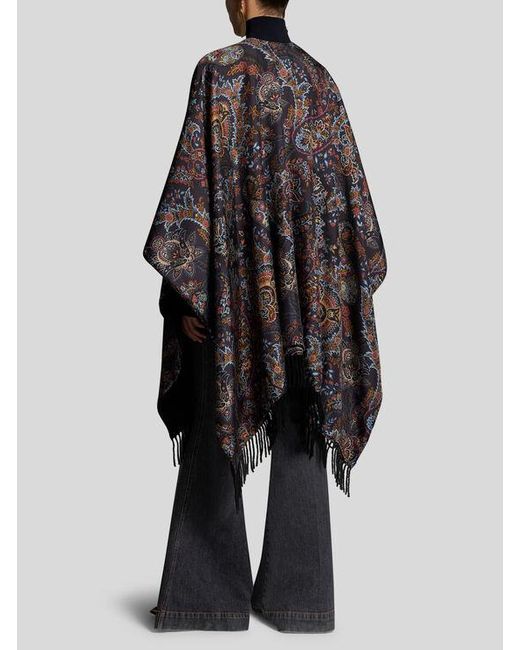 Etro Black Wool And Silk Cape With Print