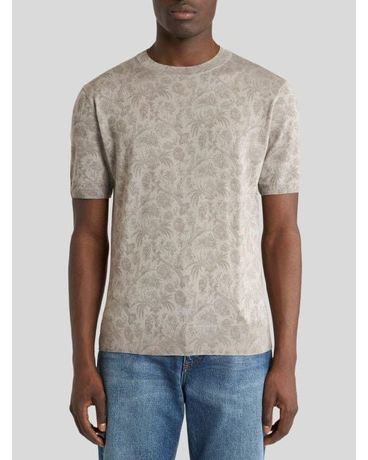 Etro Gray Knit Wool And Silk T-Shirt With Floral Paisley Motif for men