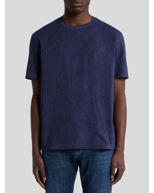 Etro Blue Cotton T-Shirt With Arnica Motif for men