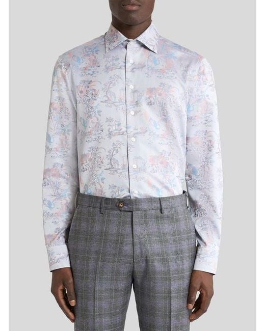 Etro Blue Cotton Jacquard Shirt With Flower And Animal Motif for men
