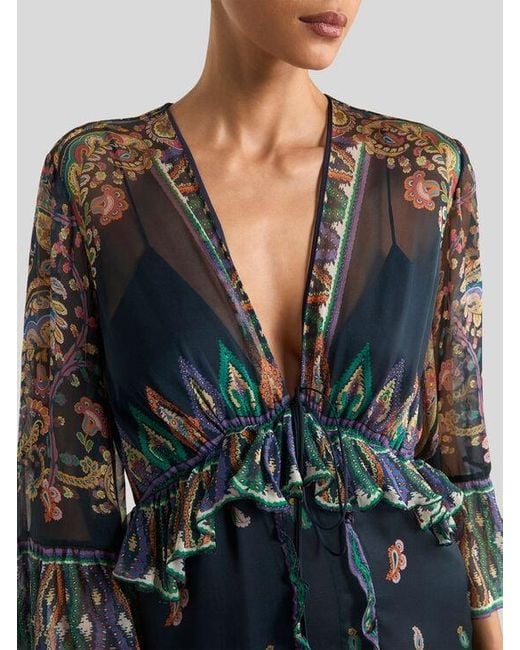 Etro Black Long Silk Dress With Placed Floral Paisley Print