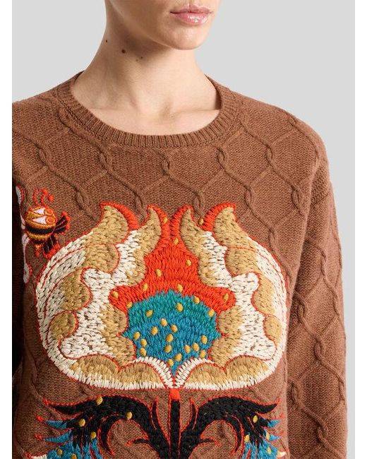 Etro Brown Wool Sweater With Floral Embroidery