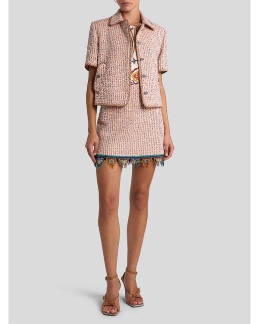Etro White Jacquard Mini Skirt With Tweed Effect, Fringing And Check Motif