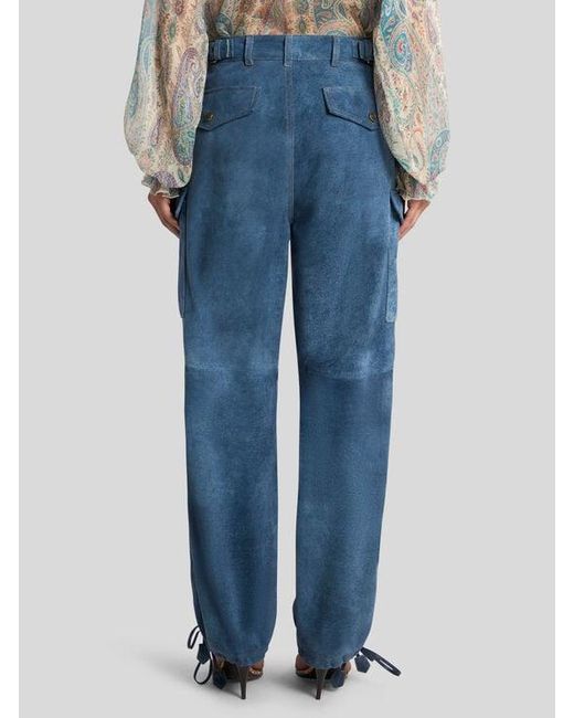 Etro Blue Denim-Effect Suede Cargo Trousers With Drawstring