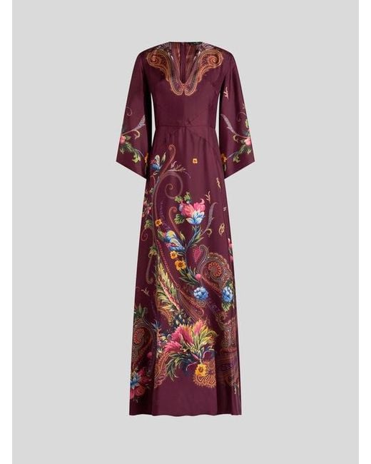 Etro Red Long Silk Dress With Placed Floral Paisley Print
