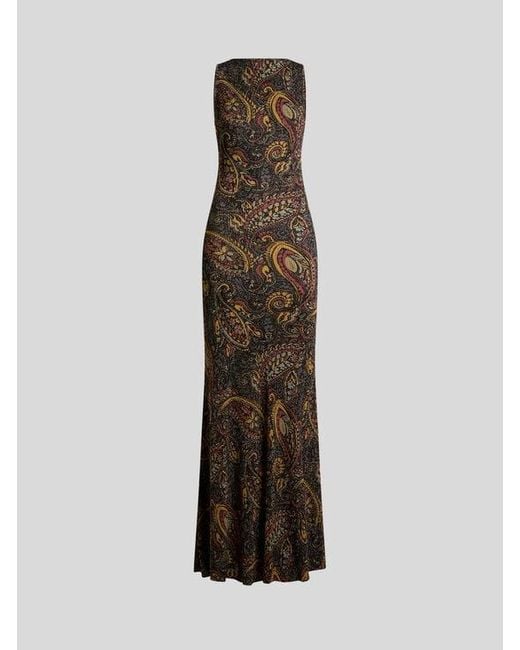 Etro White Ribbed Long Dress With Floral Paisley Motif