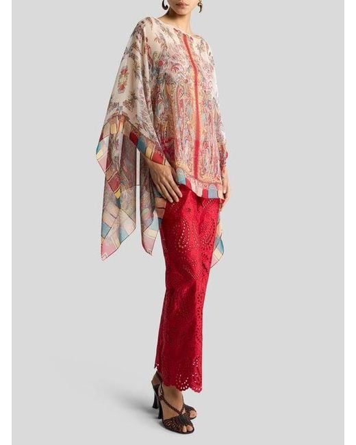 Etro Multicolor Silk Poncho Top With Paisley Foliage Motif